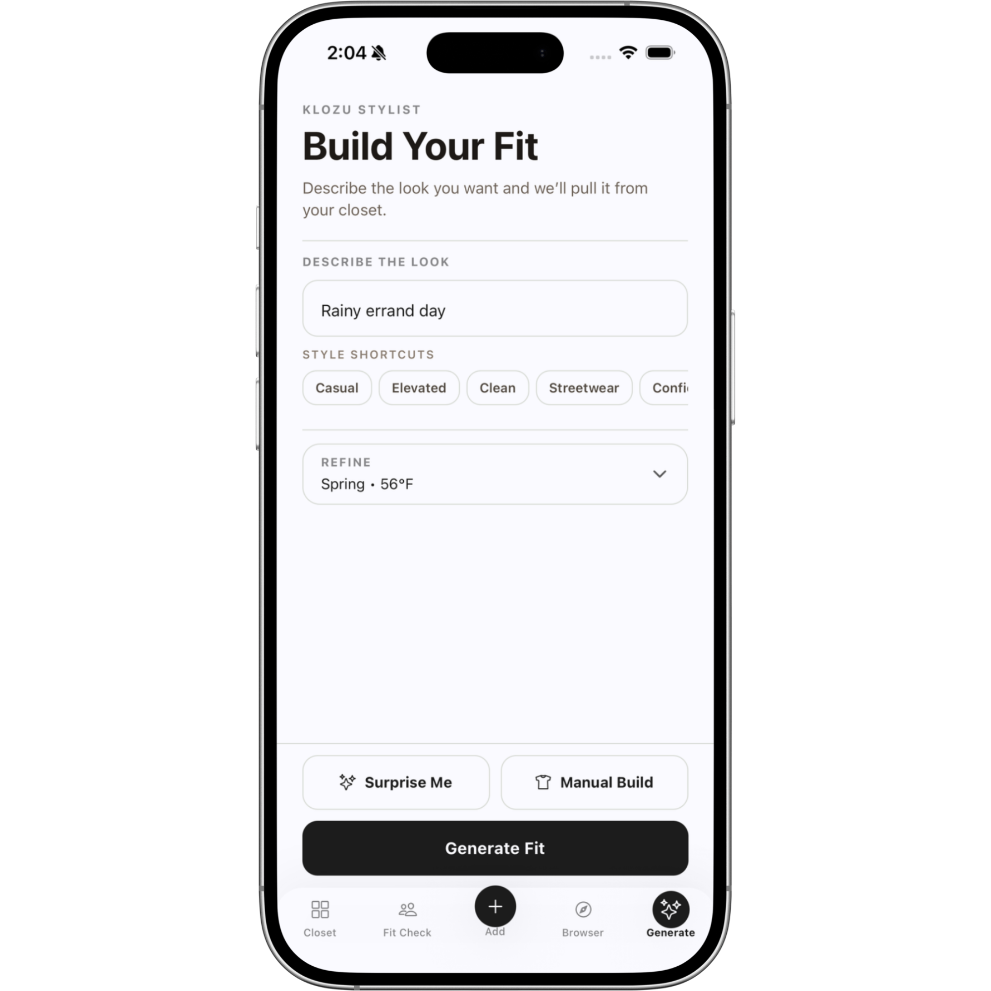 Klozu Build Your Fit input screen